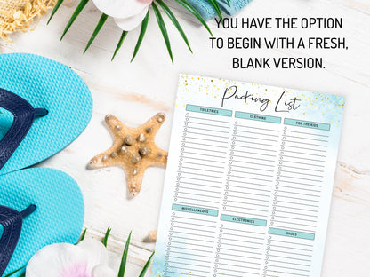 Packing List Template Printable, Editable Pack List, Vacation Packing List, Packing Checklist, Packing List Planner, Kids Packing List