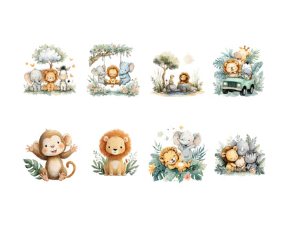 Safari-Tier-Cliparts in Aquarell, niedliche Safari-Tiere (PNG), Babyparty, Dschungelzoo (PNG), Baby- und ausgewachsene Tiere (PNG), kommerzielle Nutzung