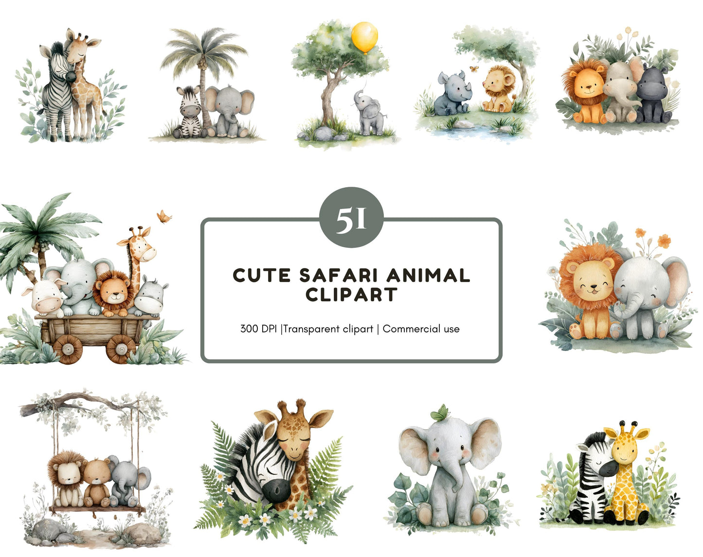 Safari-Tier-Cliparts in Aquarell, niedliche Safari-Tiere (PNG), Babyparty, Dschungelzoo (PNG), Baby- und ausgewachsene Tiere (PNG), kommerzielle Nutzung