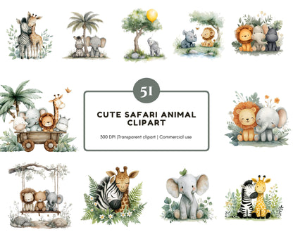 Safari-Tier-Cliparts in Aquarell, niedliche Safari-Tiere (PNG), Babyparty, Dschungelzoo (PNG), Baby- und ausgewachsene Tiere (PNG), kommerzielle Nutzung