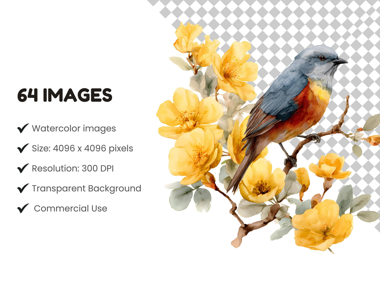 Watercolor Floral Birds Clipart, Bird Clipart Bundle png, Spring Birds Clipart, Blossom, Baby Shower, Commercial Use, Digital Download