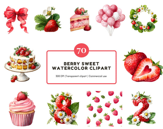 Watercolor Strawberry Clipart Bundle, Berry Clipart png, Berry First Birthday Graphics, Sweet Berry First Clipart, Digital Download