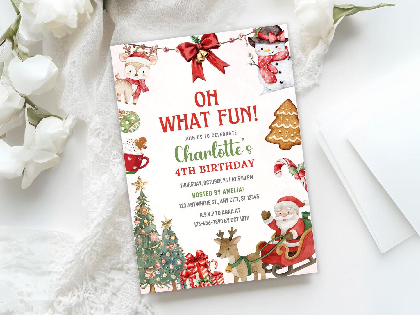 Einladung zur „Oh What Fun“-Weihnachtsfeier, Rosa Weihnachtsfeier-Einladung, Festtagsfeier, Kindergeburtstagseinladung, Digitaler Download