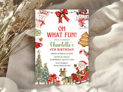 Einladung zur „Oh What Fun“-Weihnachtsfeier, Rosa Weihnachtsfeier-Einladung, Festtagsfeier, Kindergeburtstagseinladung, Digitaler Download