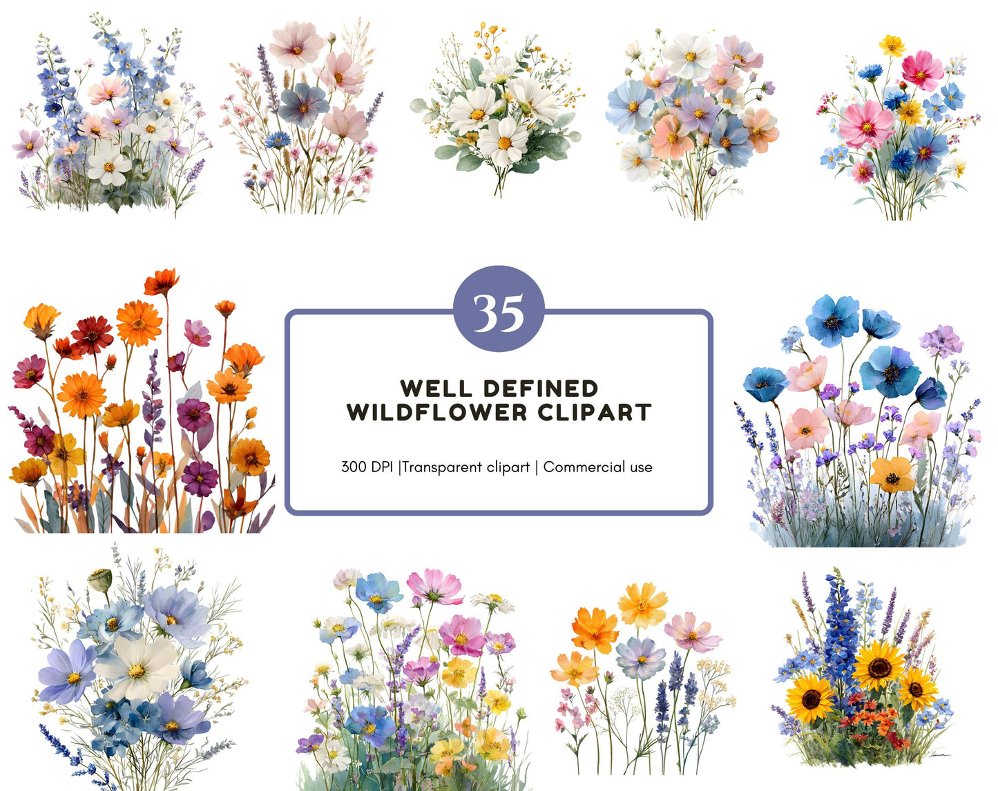 35 Well Defined Wildflower Clipart Bundle, Watercolor Wildflower Clipart Set png, Flower Clipart, Flower Bouquet png, High Quality png