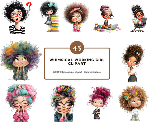 Whimsical Working Girl Clipart Bundle, Watercolor Quirky Girl png, Lady Boss Clipart, Lady Girl png, Corporate Girl png, Digital Download