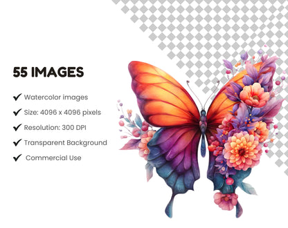 Lot de 55 images clipart de papillons floraux, papillons aquarelle, papillons colorés (PNG), papillons botaniques (PNG), papillons fleuris (PNG)