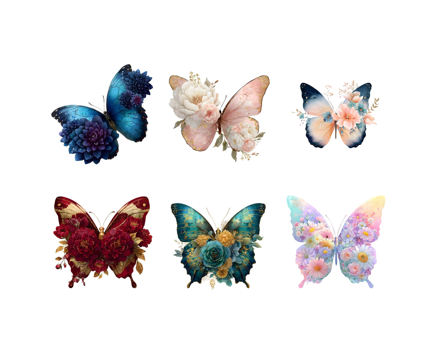 Lot de 55 images clipart de papillons floraux, papillons aquarelle, papillons colorés (PNG), papillons botaniques (PNG), papillons fleuris (PNG)