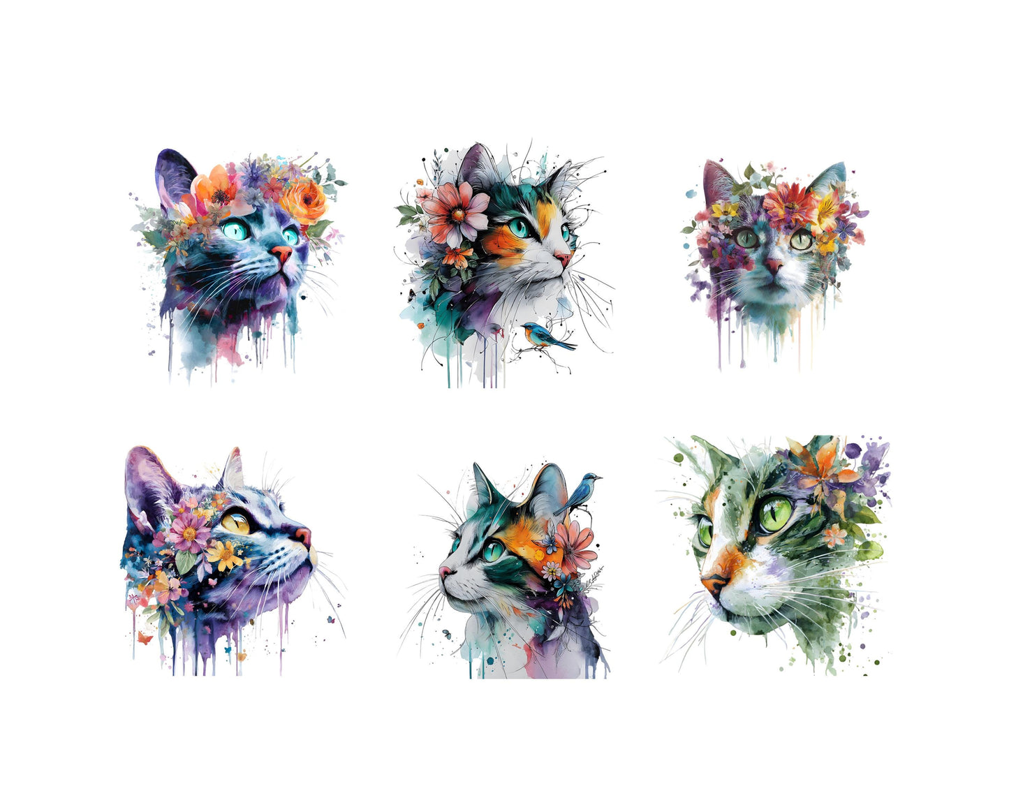 Aquarell-Blumenkatzen-Clipart-Bundle, abstrakte Blumenkatze (PNG), verspielte Katze (PNG), niedliche Blumenkatzen-Clipart, druckbar, digitaler Download