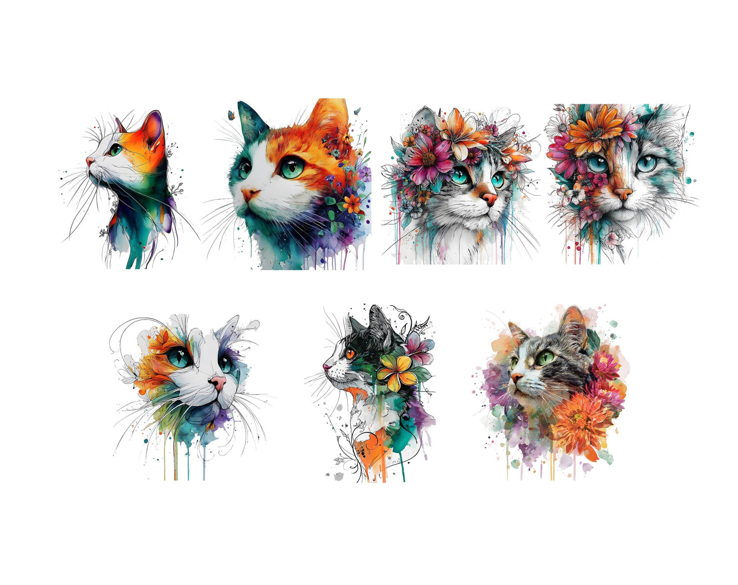 Aquarell-Blumenkatzen-Clipart-Bundle, abstrakte Blumenkatze (PNG), verspielte Katze (PNG), niedliche Blumenkatzen-Clipart, druckbar, digitaler Download