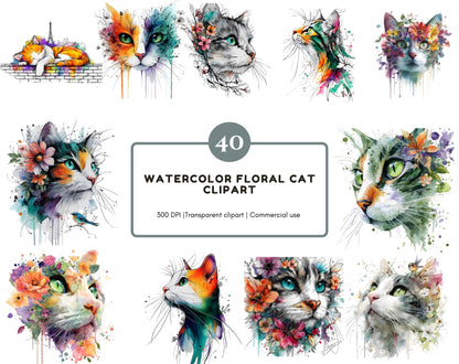 Aquarell-Blumenkatzen-Clipart-Bundle, abstrakte Blumenkatze (PNG), verspielte Katze (PNG), niedliche Blumenkatzen-Clipart, druckbar, digitaler Download
