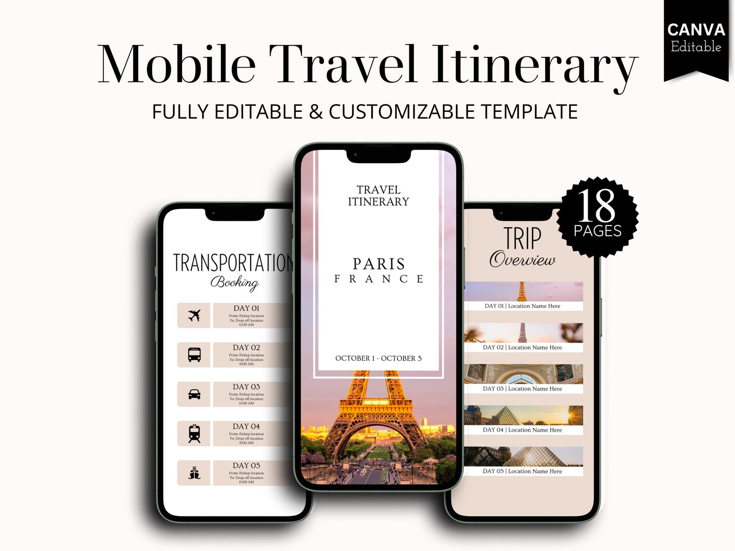 France Travel Itinerary Template | Mobile Trip Planner | Editable Canva Digital Planner