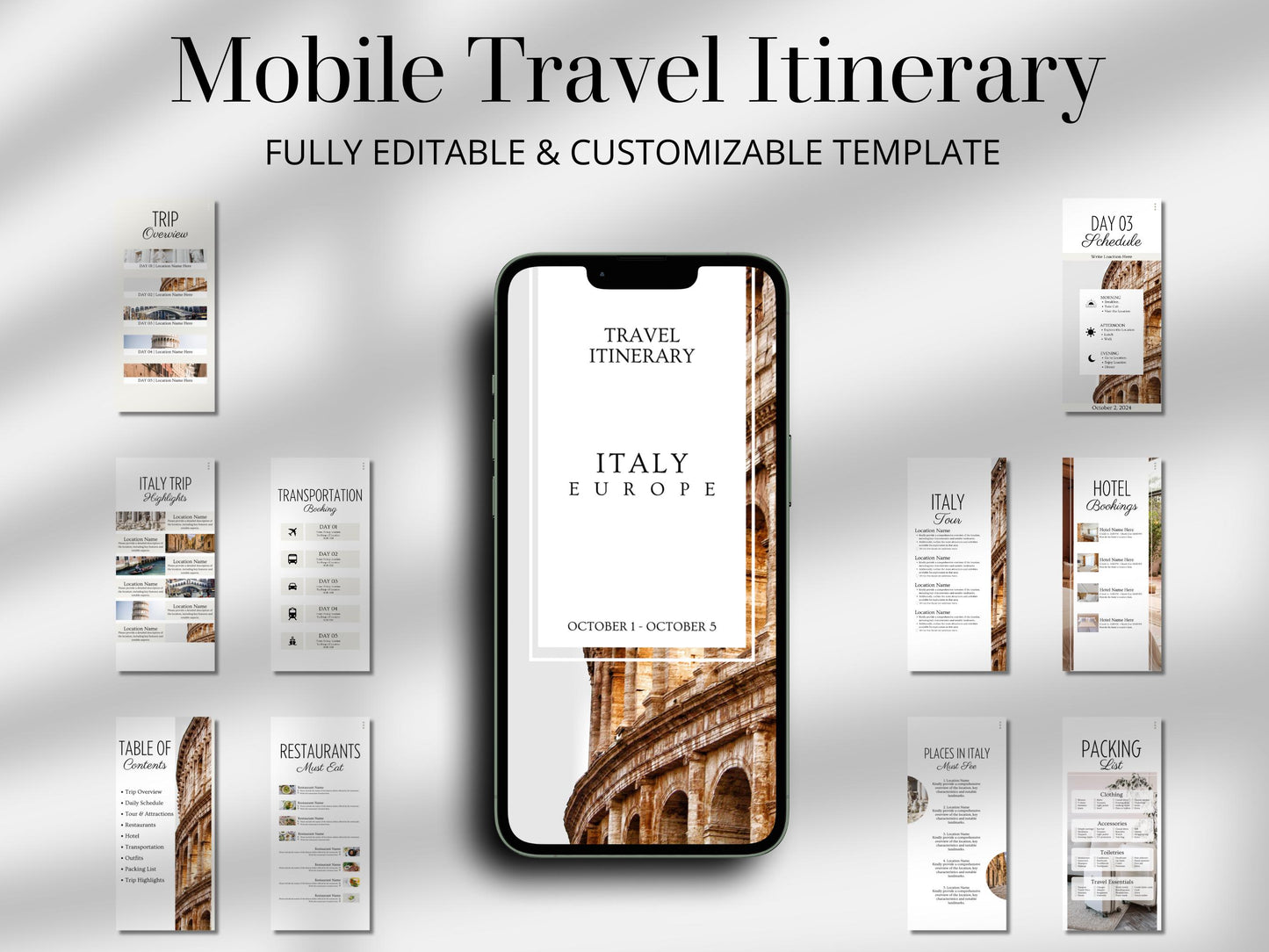 Italy Travel Itinerary Template | Mobile Trip Planner | Editable Canva Digital Planner