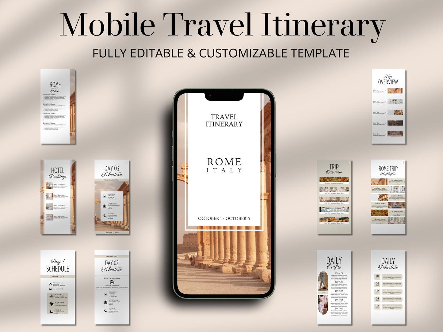 Rome Travel Itinerary Template | Mobile Trip Planner | Editable Canva Digital Planner
