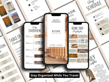 Rome Travel Itinerary Template | Mobile Trip Planner | Editable Canva Digital Planner
