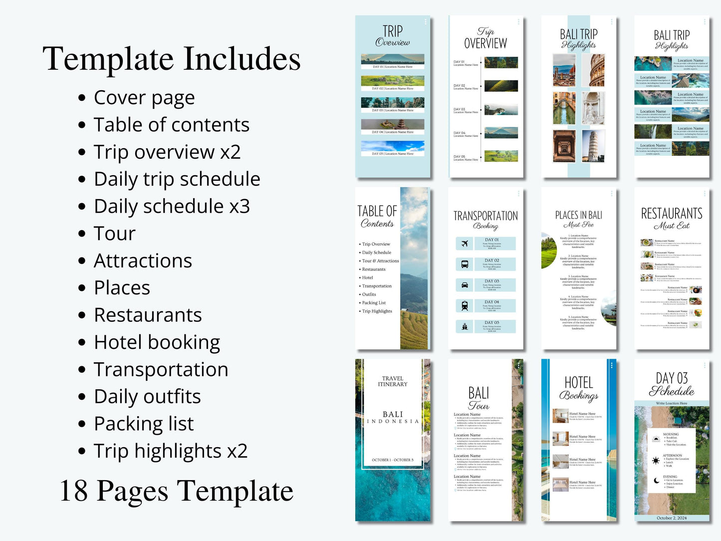 Bali Travel Itinerary Template | Mobile Trip Planner | Editable Canva Digital Planner