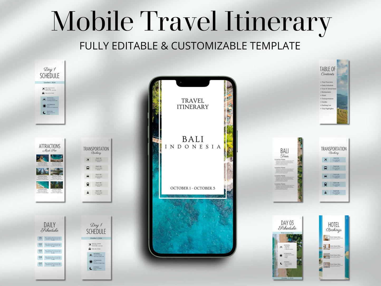 Bali Travel Itinerary Template | Mobile Trip Planner | Editable Canva Digital Planner