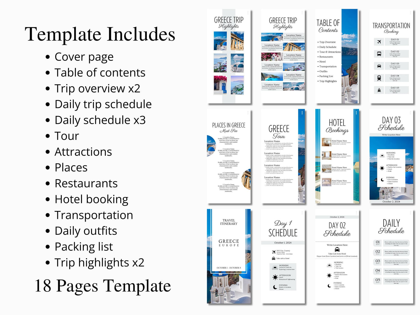 Greece Travel Itinerary Template | Mobile Trip Planner | Editable Canva Digital Planner