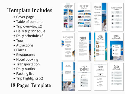 Greece Travel Itinerary Template | Mobile Trip Planner | Editable Canva Digital Planner