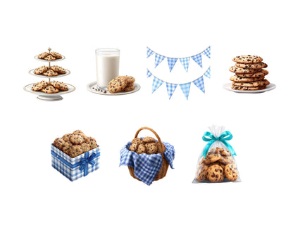 Cliparts „Milch und Kekse“, Kekse-Clipart-Bundle, Geburtstags-Cliparts, Schokoladenkekse-Cliparts, blau-weiß karierte Cliparts, digitaler Download