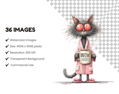 36 Watercolor Quirky Cats Clipart Bundle, Whimsical Cat Clipart, Funny Cat png, Junk Journal, Cat png, Cute Cats Clipart, Digital Download