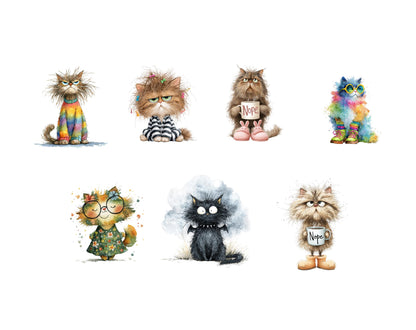 36 Watercolor Quirky Cats Clipart Bundle, Whimsical Cat Clipart, Funny Cat png, Junk Journal, Cat png, Cute Cats Clipart, Digital Download