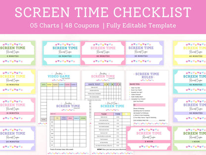 Editable Screen Time Checklist Template, Screen Time Chore Chart, Daily Screen Time Schedule, Screen Time Tracker For Kids
