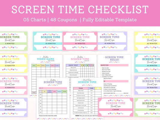 Editable Screen Time Checklist Template, Screen Time Chore Chart, Daily Screen Time Schedule, Screen Time Tracker For Kids