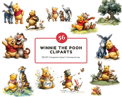 56 Pooh Clipart Bundle, Vintage Winnie The Pooh Clipart, Winnie The Pooh Friends Birthday Baby Shower, High Quality, Commercial Use