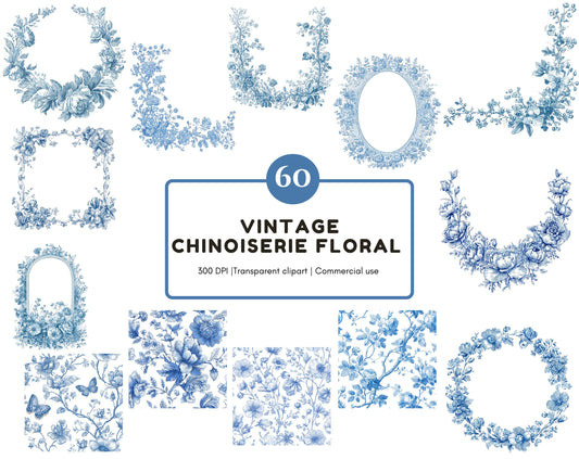 Watercolor Chinoiserie Floral Clipart Bundle, Vintage Chinoiserie Floral png, Floral Wreath, Floral Border, Patterns, Commercial Use