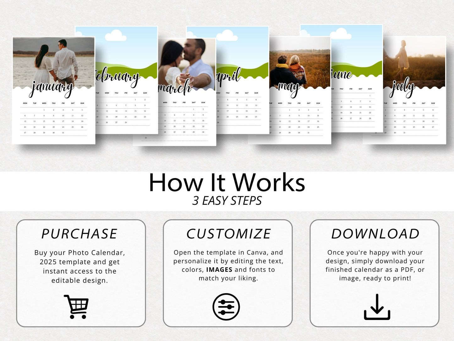 2026 Monthly Photo Calendar Template Custom, Canva Editable Printable, Minimalist Design, Drag & Drop