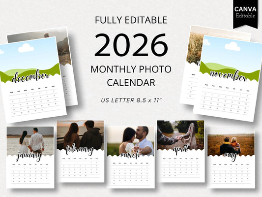 2026 Monthly Photo Calendar Template Custom, Canva Editable Printable, Minimalist Design, Drag & Drop