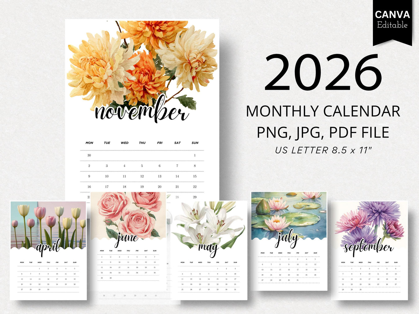 2026 Flower Monthly Calendar | Printable Floral Calendar PDF File
