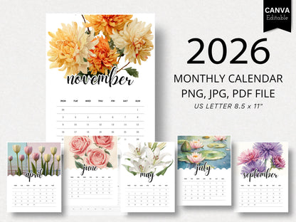 2026 Flower Monthly Calendar | Printable Floral Calendar PDF File