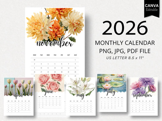 2026 Flower Monthly Calendar | Printable Floral Calendar PDF File