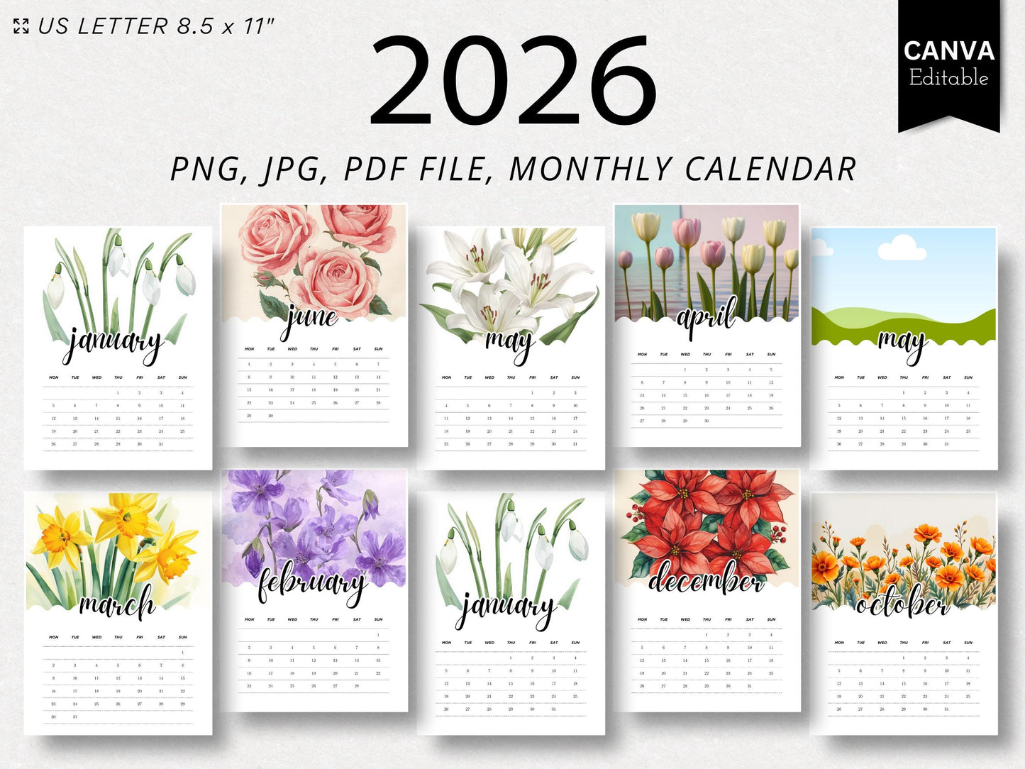 2026 Flower Monthly Calendar | Printable Floral Calendar PDF File