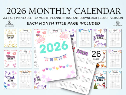 2026 Monthly Calendar: Printable Planner, Colorful Design (A4/A5 Digital Download)
