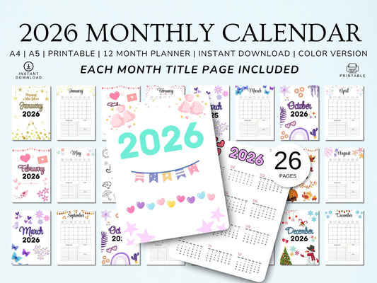 2026 Monthly Calendar: Printable Planner, Colorful Design (A4/A5 Digital Download)