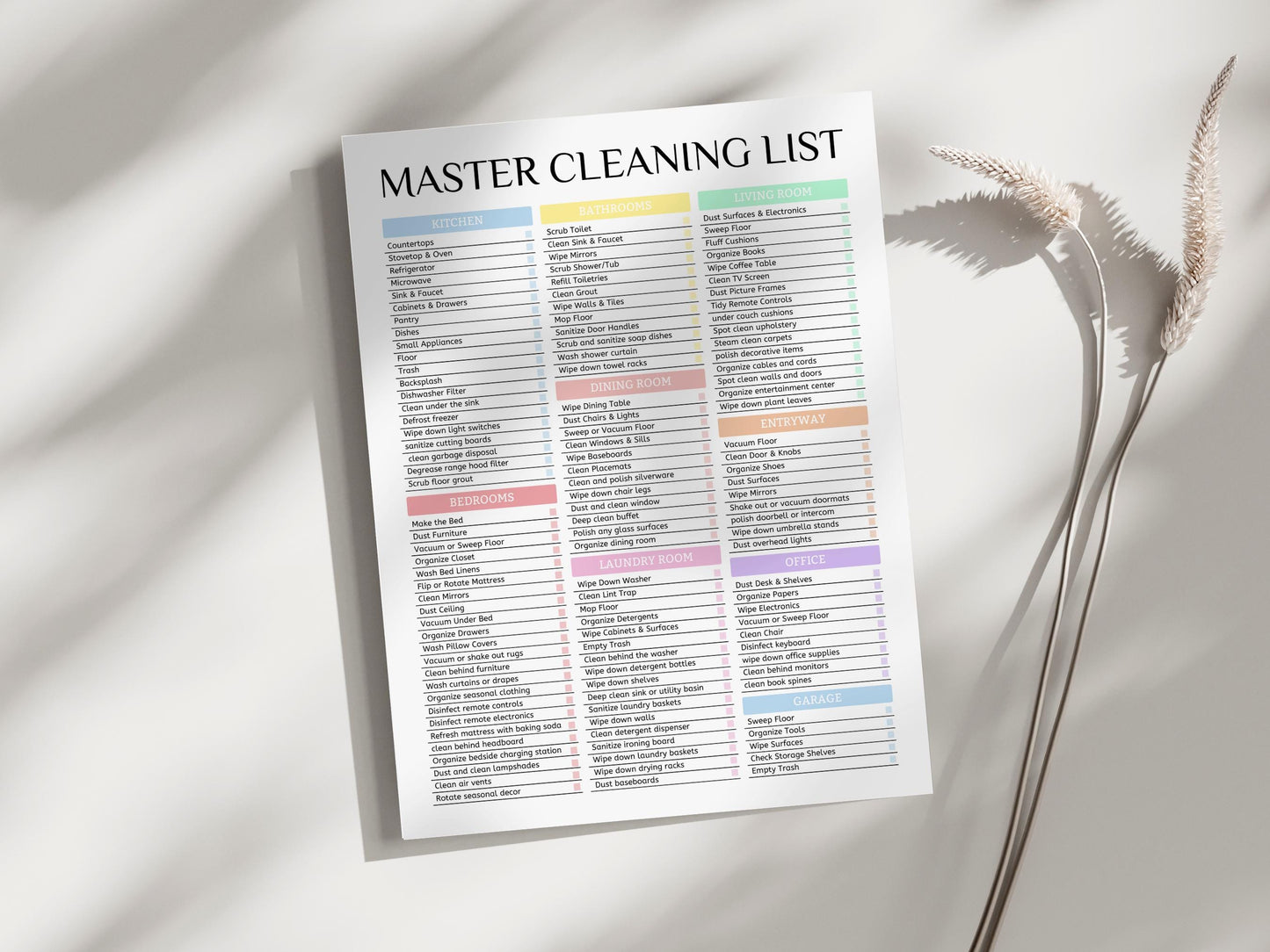 Master Cleaning Checklist Pastel, Room-by-Room House Schedule, Editable in Canva, A4, A5, US Letter