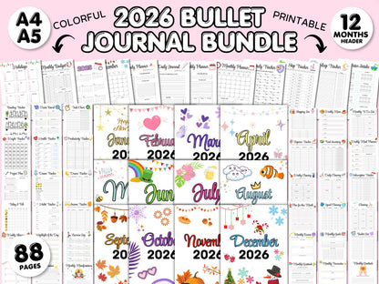 2026 Bullet Journal Premade Planner template with 88 Pages