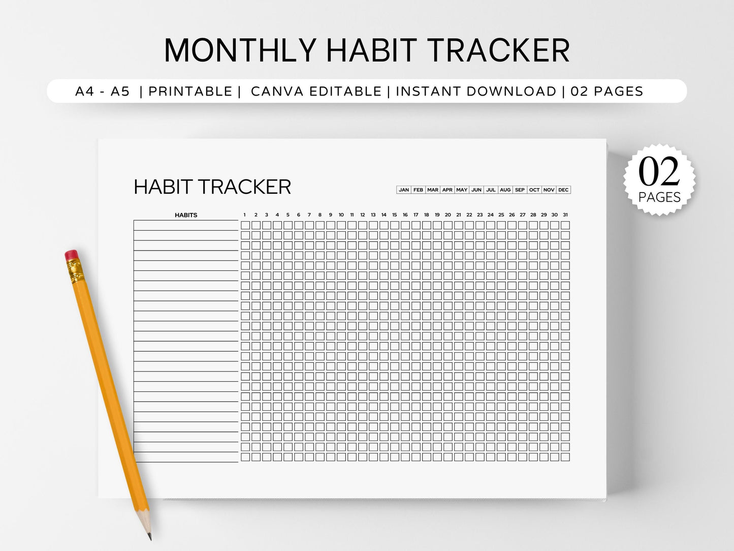 Minimalist Habit Tracker Printable Undated Monthly Log 30/31 Day Chart Productivity Planner Insert A4/A5