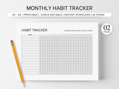 Minimalist Habit Tracker Printable Undated Monthly Log 30/31 Day Chart Productivity Planner Insert A4/A5