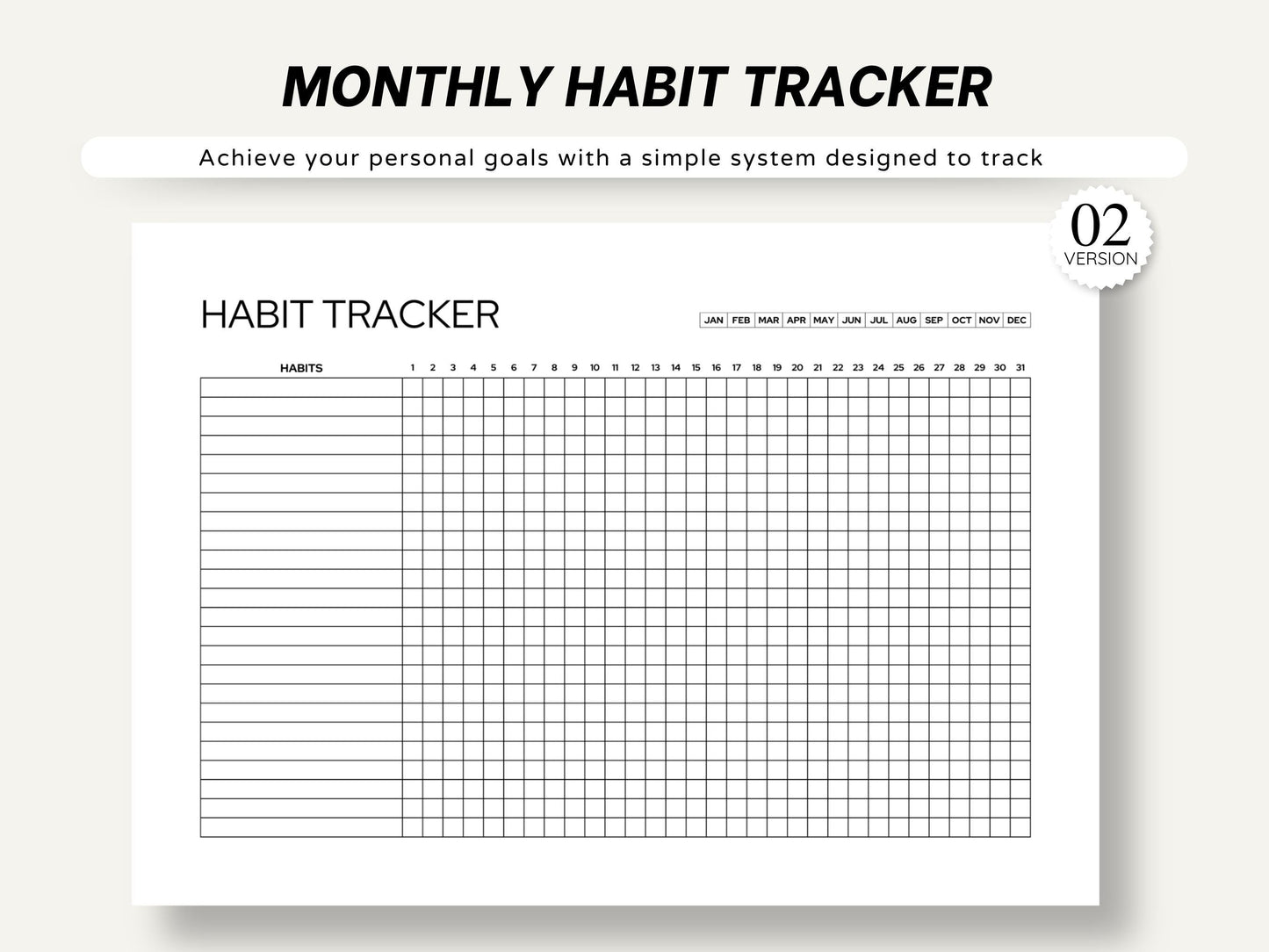 Minimalist Habit Tracker Printable Undated Monthly Log 30/31 Day Chart Productivity Planner Insert A4/A5