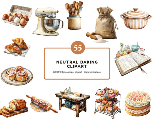 55 Neutral Baking Clipart Bundle, Watercolor Baking png, Vintage Baking Clipart, Baking Tools Clipart, Dessert png, Commercial Use