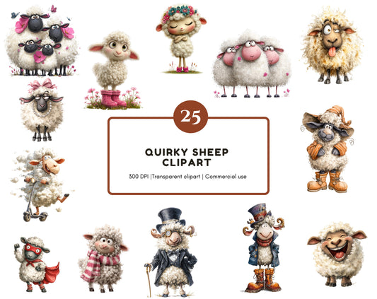 25 Quirky Sheep Clipart Bundle, Watercolor Quirky Sheep png Set, Funny Sheep Clipart, Cute Sheep png, Animal Clipart, Card Making