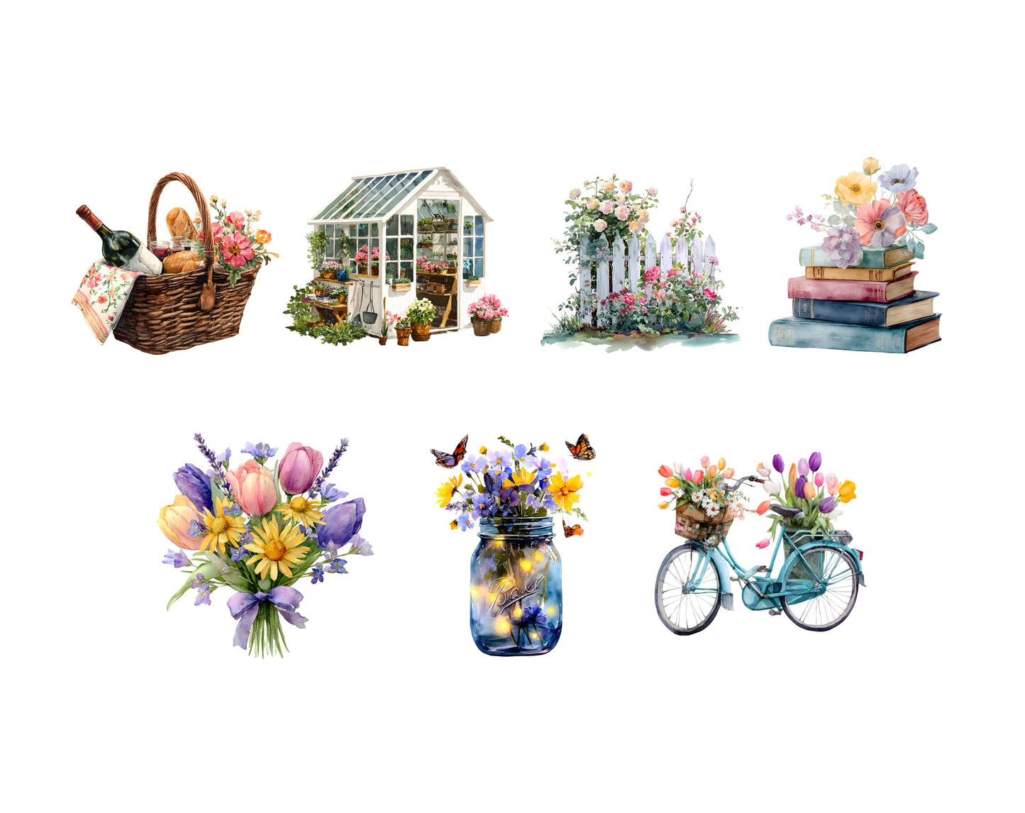 100+ Spring Clipart Bundle, Watercolor Spring Floral Clipart, Birdhouse, Bicycle And Blooming Flowers Clipart, Gardening And Rustic Clipart