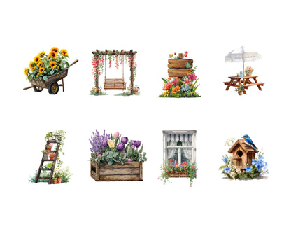 100+ Spring Clipart Bundle, Watercolor Spring Floral Clipart, Birdhouse, Bicycle And Blooming Flowers Clipart, Gardening And Rustic Clipart