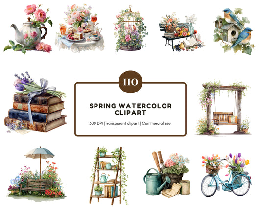 100+ Spring Clipart Bundle, Watercolor Spring Floral Clipart, Birdhouse, Bicycle And Blooming Flowers Clipart, Gardening And Rustic Clipart