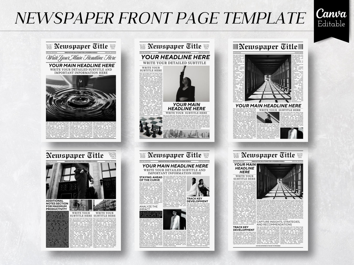 Editable Front Page Templates | 6 Pages | Canva Newspaper Layout | A4 & US Letter | Printable Newspaper Design