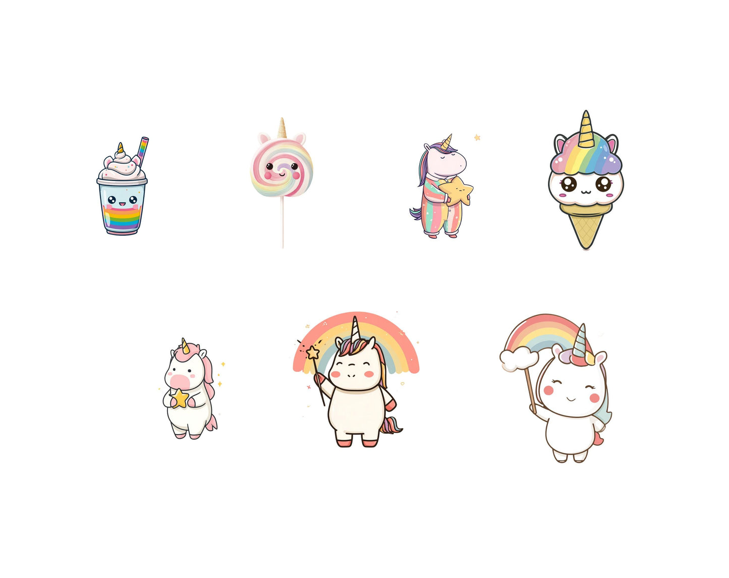 Kawaii Unicorn Clipart Bundle png, Cute Unicorn Clipart, Little Pastel Unicorns, Nursery Art,  Magic Horse png, Kawaii Rainbow Unicorn png